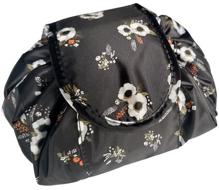 Kosmetiktasche mit Kordelzug, Die Flat Lay Schminktasche, Kosmetiktasche Schminktasche, One-Step Organizer Makeup Tasche Kosmetikbeutel für Lazy Damen (Schwarze Blume)