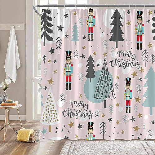 Christmas Shower Curtain The Nutcracker Gray White Xmas Tree Stars Funny Cartoon Winter Holiday Seasonal Festival Pink Fabric Bathroom Decor Curtain with Hooks