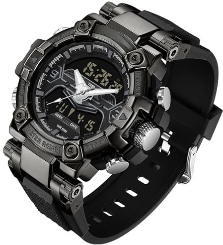 findtime Montre de sport numérique militaire pour homme - Étanche - Grand cadran - Rétroéclairage LED - 8 couleurs - Chronomètre - Alarme - Montre électronique tactique, Noir