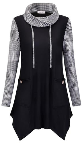 Amrto Pullover Damen Winter Langarm Damen Tunika Turtleneck Asymmetrische Saum Damenblusen Hoher Kragen Shirts Tops Lange Pullover Blusen & Tuniken Longpullover, Schwarz & Hahnentritt S