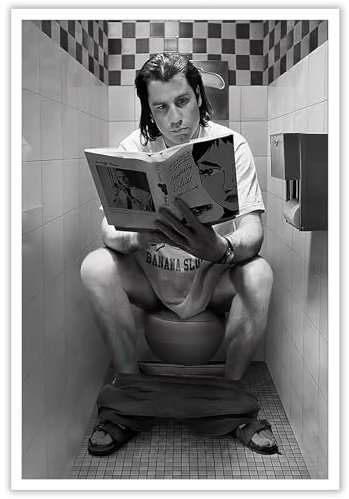 AWTJIS Pulp Fiction Poster - Vincent Vega Auf Toilette, Lustiges Badezimmer-Dekor, Schwarz-Weiß Wandkunst Leinwanddruck, Ästhetische Wanddekoration für Apartment