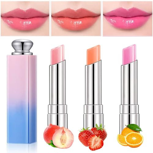 3Pcs Color Changing Lipstick Lip Balm Set- Crystal Jelly Lip Gloss, Long Lasting Nutritious Tinted Lip Balm Moisturizer Magic Temperature Color Change Lip Gloss for Women