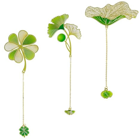 3 Stück hängende Metall-Lesezeichen, Lotusblatt, vierblättriges Kleeblatt, Ginkgo-Lesezeichen, Retro-elegante Lesezeichen, geeignet zum Lesen von Markierungen