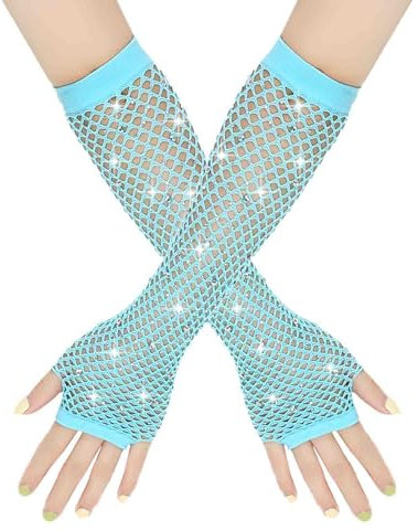 Damen Netzhandschuhe Glänzende Fingerlose Handschuhe Lange Fischnetz Armstulpen Mesh Handschuhe Karneval Party Kostümzubehör Opernhandschuhe Abendhandschuhe Glitzer Handschuhe (Sky Blue, One Size)