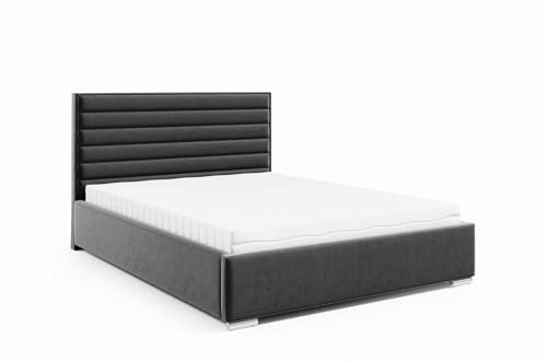 LIKMA PV2 Polsterbett Dunkelgrau 180x200 cm mit Stauraum Verchromte Füße Doppelbett mit Kopfteil 11 cm Gepolsterter Stoffett mit Gaslift Stoffbett Bettgestell Ohne Matratze Stoff: Riviera 95