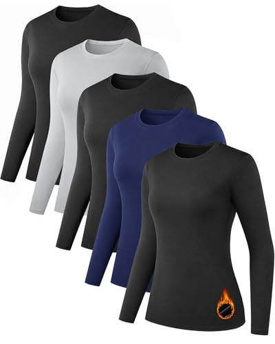NebuKinex 5 Pack Long Sleeve Thermal Shirts for Women Ultra Soft Fleece-Lined Crew Neck Workout Baselayer Tops 3Black+Grey+Blue-M