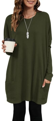 AUSELILY Longpullover für Damen Langarmshirt Lang Oversized Rundhalsausschnitt T-Shirts Sweashirt Tunika Damen Pulli Long-Shirt Kleid mit Taschen Armeegrün XL