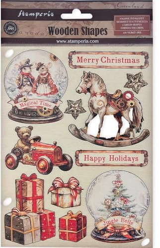 Stamperia - Coloured Wooden Shapes for Scrapbooks, Albums, Bullet Journals and More, Laser Cut, Printed for Enhanced Detail, Perfect for Crafts and Gifting (Gear up for Christmas, Snow Globes) (A5)