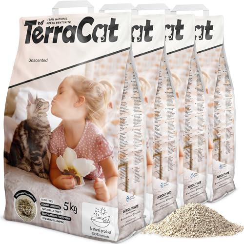 TerraCat katzenstreu, 26L - 4er Pack Cat Litter, 100% Griechischer Bentonit Katzenstreu Klumpstreu, Hohe Saugfähigkeit Klumpstreu für Katzen, Staubfrei Katzenstreu Klumpend, Unparfümiert, 20Kg