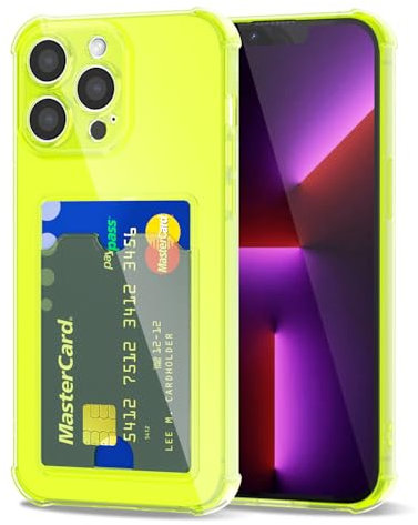 Svanove for iPhone 13 Pro Case Wallet Clear, Card Holder Case with Credit Card Slot, Thin Slim Transparent Silicone Grip Soft Rubber Protective Shockproof Airbag Bumper for Women, Neon Green