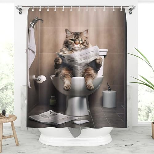 Fchen art Rideau de douche drôle, scène humoristique avec un chat assis sur des toilettes et papier de lecture, ensemble de décoration de salle de bain en tissu avec crochets, 180 x 180 cm, cannelle