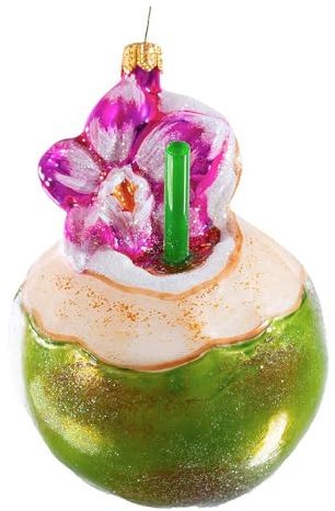 Holyart Weihnachtsbaumschmuck aus mundgeblasenem Glas: Drink in Kokosnuss, Weihnachtsbaumschmuck aus mundgeblasenem Glas, 10 cm Höhe