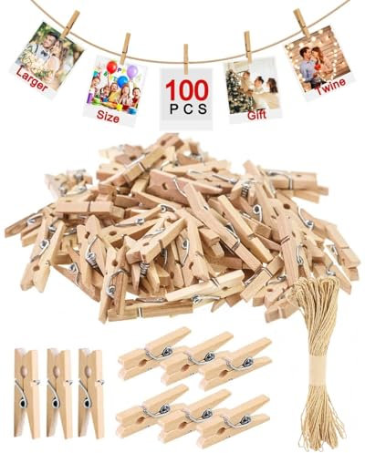 100 Pince Mini Pince a Linge,30MM Epingle a Linge en photo,Mini Pince a Linge Bois,Pince à Linge Bois Sont Utilisées Pour Accrocher Des Photos,10M Corde de Jute DIY Mini Epingle en Bois Photo(Naturel)