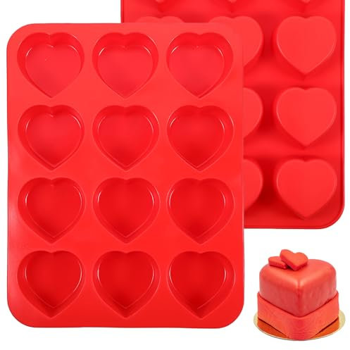 Gjinxi Heart Shaped Cake Pans - 2 Pcs Silicone Cupcake Pan for Baking - Nonstick Heart Silicone Mold for Valentine's Day, Heart Shaped Pan for Muffins, Egg Bites, and More - Red
