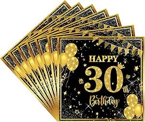 Servietten zum 30. Geburtstag, 40 Stück, Schwarz / Gold, Happy Birthday, Papierservietten, Partyzubehör, Papierservietten