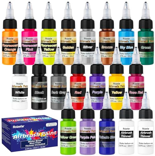 Roizefar Pintura de Aerógrafo, 18 Colores Acrílico con 2 Diluyentes de Aerógrafo, a Base de Agua, Pintura Aerógrafo para DIY, Modelismo, Creaciones artísticas, 20 ml/Botella