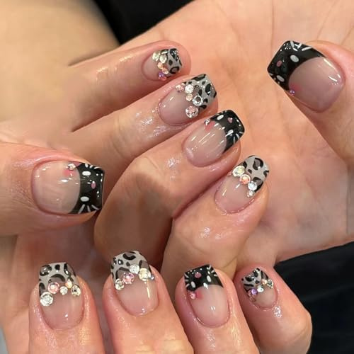 KQueenest Press On Nails Medium Coffin, Black French Tip False Nails with Glue, Bold Leopard Print Short Fake Nail Press ons with Bling Charms & Cat Design, Reusable Gel Glue on Nails for Women 24 Pcs