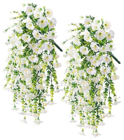 Artificial Hanging Baskets,Natural & Realistic Artificial Morning Glories Hanging Flowers – Waterproof Silk Decor for Patio, Balcony, Garden Wall – Indoor/Outdoor Fade-Proof Faux Plants (White)
