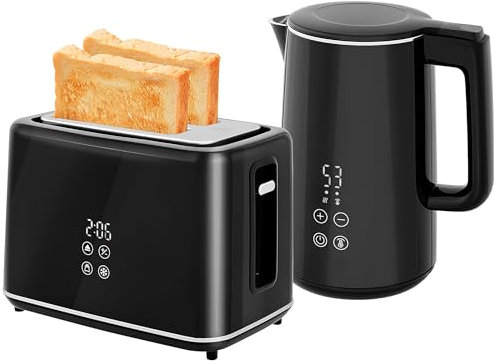 HOMCOM Wasserkocher Toaster Set Edelstahl 1,5L Wasserkocher 2 Scheiben Toaster 2200W Frühstücksset mit 7 Bräunungsstufen, Auftau- & Aufwärmfunktion, automatischer Abschaltung und LED-Anzeige, Schwarz