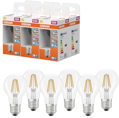 Osram LED-Lampe Star Kolbenform A40 Filament, 6500 K kaltweißes Tageslicht, 3,4 W, E27, klar, 470 lm, 15.000h, für Arbeitsplätze, Bürobeleuchtung