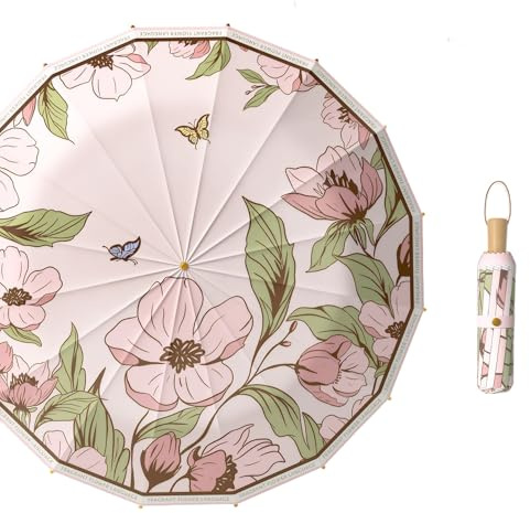 Meichoon UPF50+ Parapluie Protection UV 16 Côtes Portable Léger Imperméable Parasol Amélioré Design Coupe-vent Rétro Classique Fleur Vintage pour Femmes Voyage & Quotidien