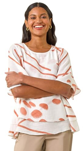 Roman Originals Double Layered Tunic Top for Women UK - Ladies Everyday Holiday Spring Summer Round Neckline Comfy Soft Evening Vacation Work Party - Abstract Ivory - Size 16