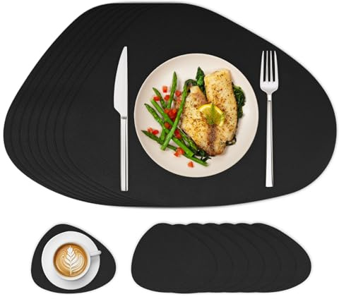 Famibay Platzsets Abwaschbar Tischsets Leder Platzdeckchen rutschfest Schwarz Tischset und Untersetzer 8er Set Rund Hitzebeständig Für Tisch Deko Esstisch Esszimmer