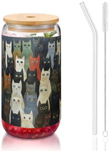 SDEGTHO Gatto che stampa le tazze di vetro con i coperchi e la paglia di vetro 16oz che bevono le tazze di vetro per caffè, tè, soda