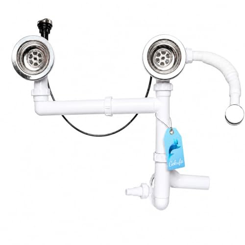 Ablaufgarnitur 3½ für Küchenspüle mit Ablauffernbedienung (Drehexcenter) | 2-Becken-Siphon Set mit Überlauf für runden Überlauf | Robuste Konstruktion | Einfache Montage