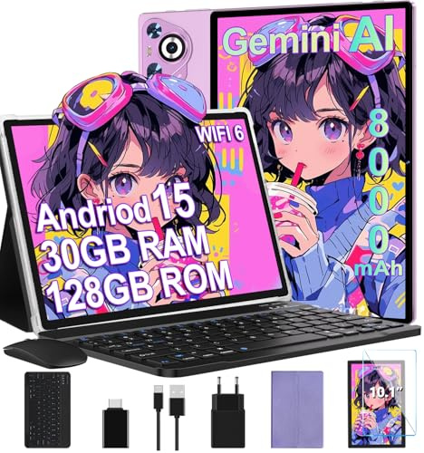 Tablet Android 15, 30GB RAM 128GB ROM(TF 2TB Expandible), 10 Pulgadas, 8000mAh, WIFI 5G, GPS/BT5.0/OTG, Face ID, Widevine L1, Tableta de Cuerpo Metálico con Teclado, Mouse y Funda Protectora -Violeta