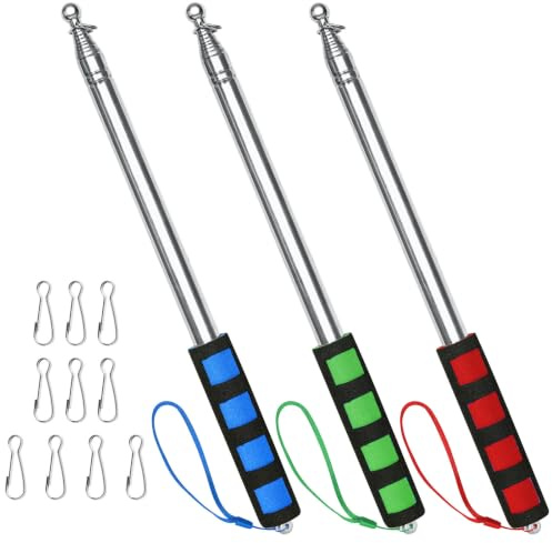 APXEL 3 Asta Bandiera Telescopica, 2m Asta Bandiera Portatile in Acciaio Inossidabile, Manuale Porta con Impugnatura Antiscivolo, 10 Ganci per Guide Turistiche, Campeggio, Insegnanti(Blu+Rosso+Verde)