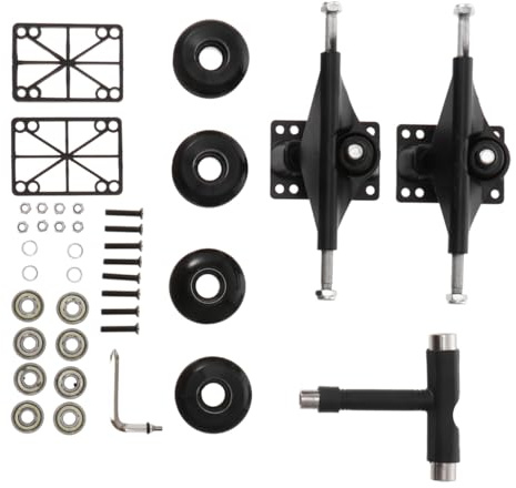 ULTECHNOVO Ensemble Complet de Skateboard avec Trucks en Aluminium Noir, 4 Roues PU et Roulements ABEC, Kit de Roulement pour Double Kick, Accessoires de Planche à roulettes