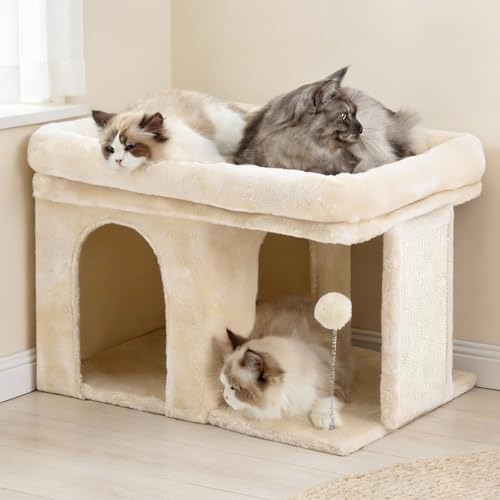 Heybly Rascador para Gatos, Árbol para Gatos de 35 cm con Amplia Plataforma y Acogedora Casita, Adecuado para Gatos Adultos, con Tablero de Sisal y Pelota de Felpa, Beige HCT203SM