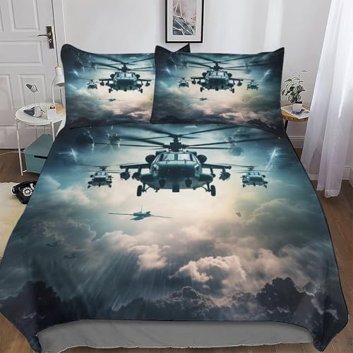 AASWSWW Hubschrauber Bettwäsche Set Soft Bettbezüge 3teilig, Jungen Mädchen Bettwaren, Mikrofaser Angenehme Bettbezug + Kissenbezug Double (200x200cm)