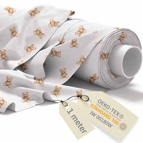 DreamRoots Baumwollstoff Meterware, Tiny Bear, 1 m Vorschnitt | Kinderstoff, Kindermotive, Baumwolle, Stoff zum Nähen, Polsterstoff, Leinwand, für Kinderzimmer