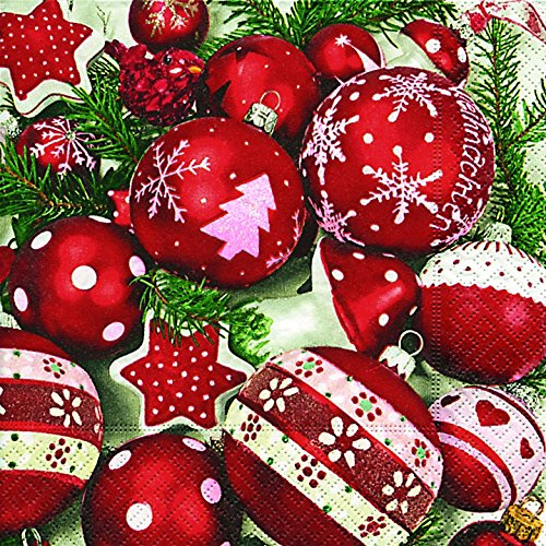 40 Servietten Kugeln mit weiß (Snow white in red)1/4 gefalzt, 3-lagig Größe offen: 33x33 Weihnachten Christmas