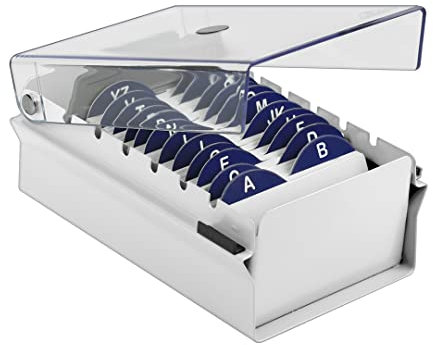 Acrimet Index Business Card Size File Holder Organizer Box Metal Base Heavy Duty (AZ Index Cards and Divider Included) (White Color with Clear Crystal Plastic Lid Cover)
