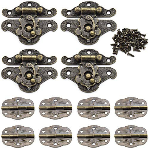 Ozxno Kit de loquets et charnières antiques avec fermoir décoratif et 8 charnières gravées en bronze vintage avec vis assorties.