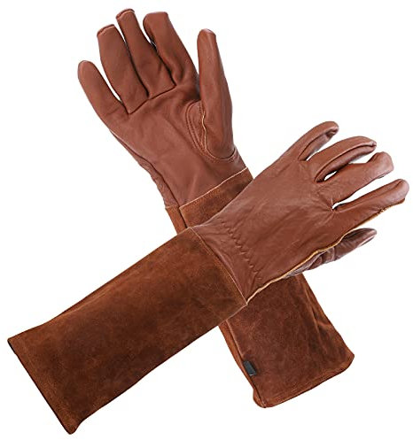 Dysetcs Lange Handschuhe für Damen/Herren, atmungsaktiv, schnittfest, Rosen-Gartenhandschuhe, Hirschleder, dornsicher, Leder, Gartenarbeitshandschuh für schützende Arbeit und Gärtner