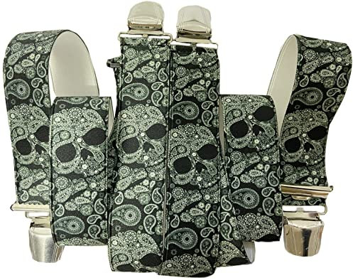 EDERER TOTENKOPF Hosenträger SEIDENGLÄNZEND | UNISEX| 4 starken Metallclips| 35mm breit-110 cm lang| Party| Fasching| Karneval| TotenkopfSeideGrün G-002