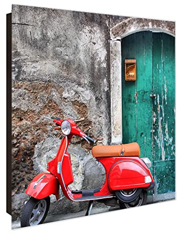 banjado® Großer Schlüsselkasten Glas/Schlüsselbox 30cm x 30cm mit 50 Haken - Motiv Italienischer Roller/Schlüsselkasten modern für Schlüsselaufbewahrung mit beschreibbarer, magnetischer Glastür