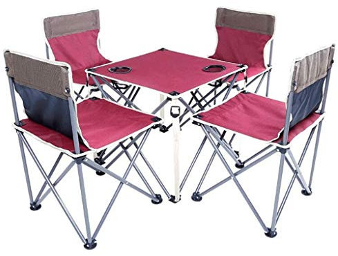 FBITE Klapptisch, tragbar, zusammenklappbar, Campingtisch, Stühle, Outdoor-Terrasse, Camp, Strandpicknick mit Getränkehalter und Tragetasche (rot)