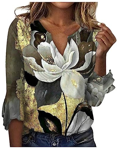TIMEMEAN Chemisier à Carreaux Femme Chemise Festival Petits Hauts pour Femmes Manches 3/4 T Shirt Femme Dentelle Tops Femmes Manches 3/4 Coupe Ample Chemise Femme Moutarde Blouse Grande Taille Femme