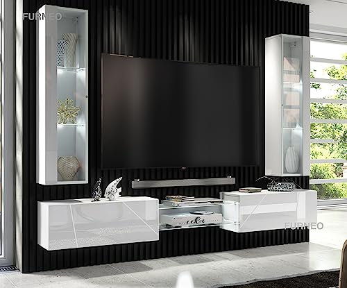 Furneo Art 01/02 – White Floating TV Unit & Display Cabinets Set, High Gloss & Matt Finish, White LED Lights