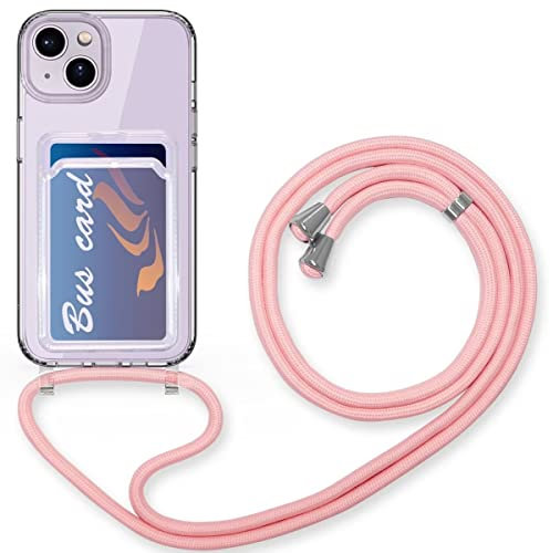 FMPCUON Coque Transparente pour iPhone 15 Pro avec Porte-Cartes,Cordon de Collier, Etui TPU Bumper avec Cordon Réglable, Téléphone Lanyard Housse, Rose