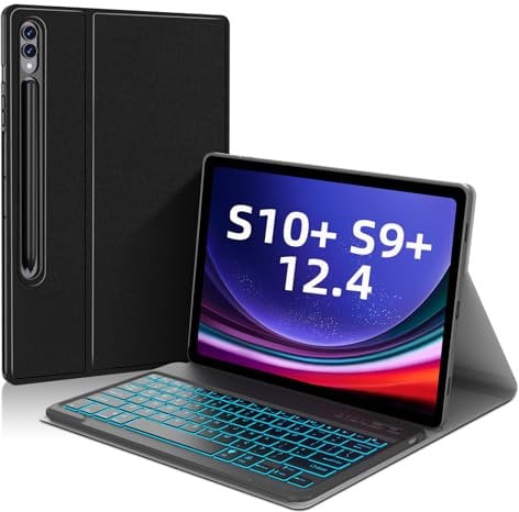 JUQITECH Samsung Galaxy Tab S10+ S9+ Backlit Keyboard Case 12.4 Inch, S10 Plus S9 Plus Tablet Multi-Angle Stand Cover Case with Detachable Wireless Keyboard