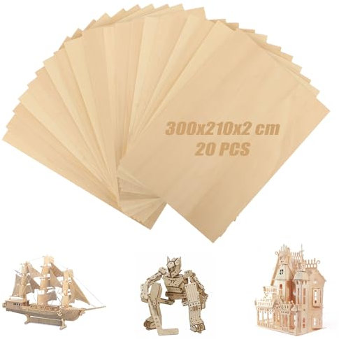 MUXHEL 20PCS A4 Plywood Sheets 2mm Unfinished Basswood Sheets 300x210mm Basswood Plywood Sheets for Crafts, Arts, Painting, DIY & Engraving