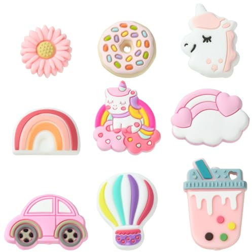 UR URLIFEHALL Lot de 18 perles en silicone de 9 styles - Marguerite Licorne - Donut - Ballons à air chaud - Perles en caoutchouc - Perles en caoutchouc pour la fabrication de bijoux