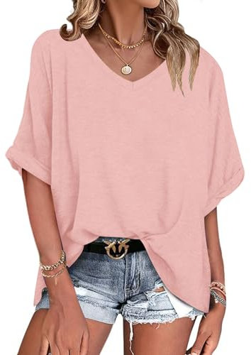 WNEEDU Tee Shirt Oversize Femme Col V été Haut Femme Manches Courtes Chemisier Top été Décontractée Léger et Aéré Grande Taille Rose Clair L