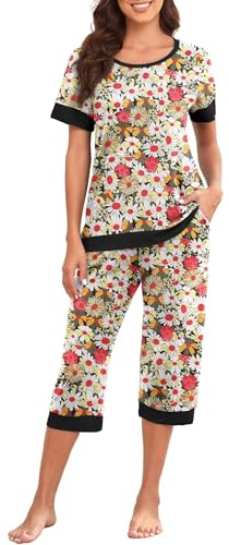 PrinStory Schlafanzüge Für Damen Kurzarm Damen Pyjama Set Leicht Schlafanzugoberteile Und Caprihose Nachtwäsche Pjs Sets Mit Taschen